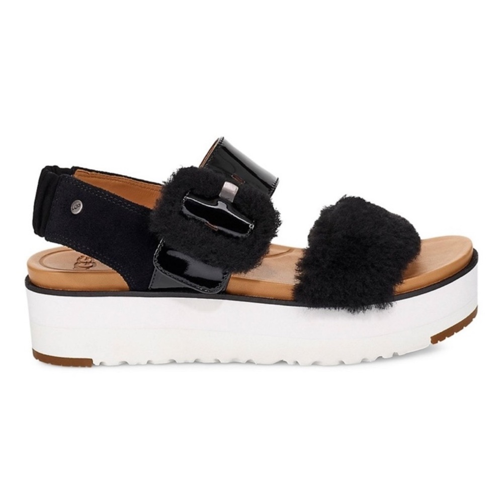 Size 6 - Ugg Le Fluff sandal- black patent leather with fur trim